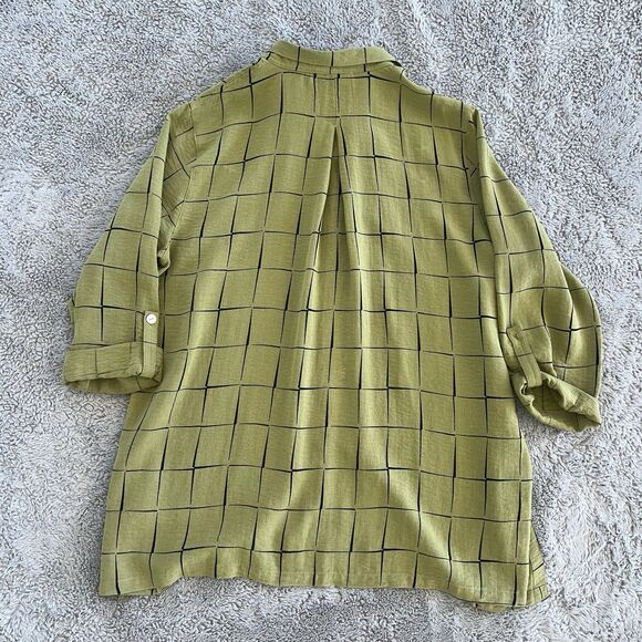 JOHN MARK Windowpane Plaid Tunic Blouse Boho Green Black XL Missing Button READ - Picture 4 of 5